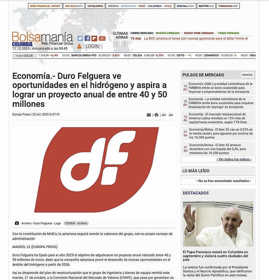 Econom�a.- Duro Felguera ve oportunidades en el hidr�geno y aspira a lograr un proyecto anual de entre 40 y 50 millones